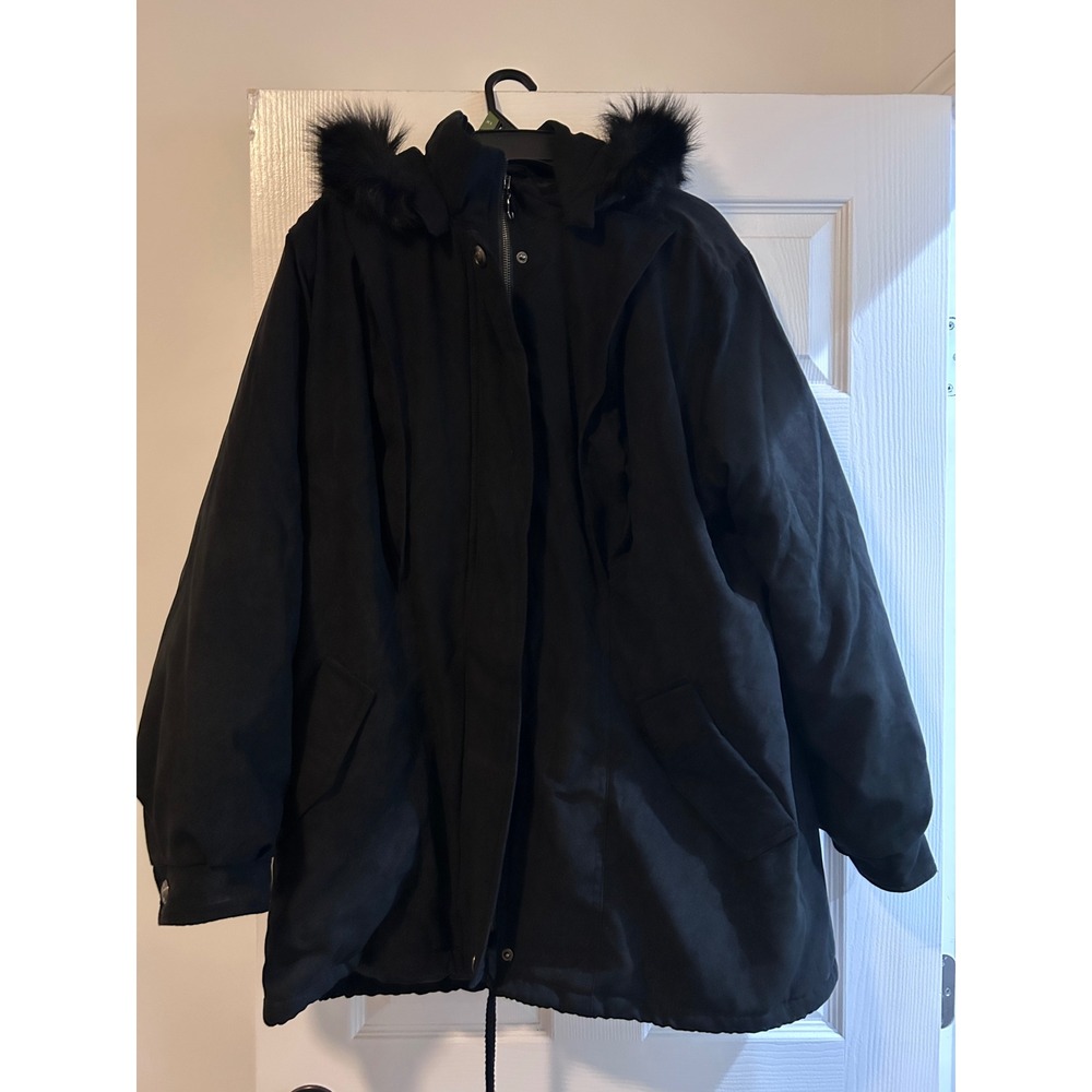 Black Hooded Parka Jacket with Faux Fur Trim XL